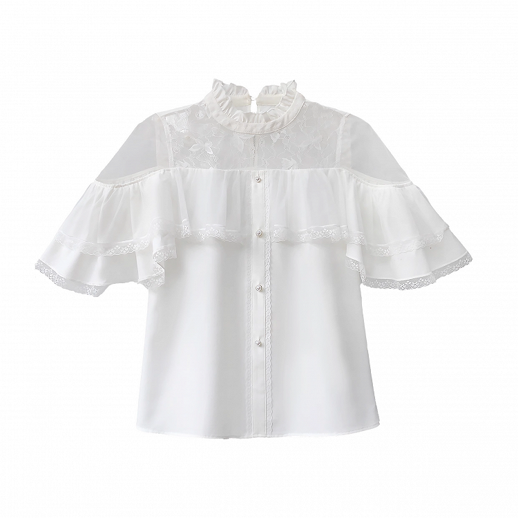 Innocent White Clean Cape Design Top Aesthetic Illusion Neckline and Trim Lace with