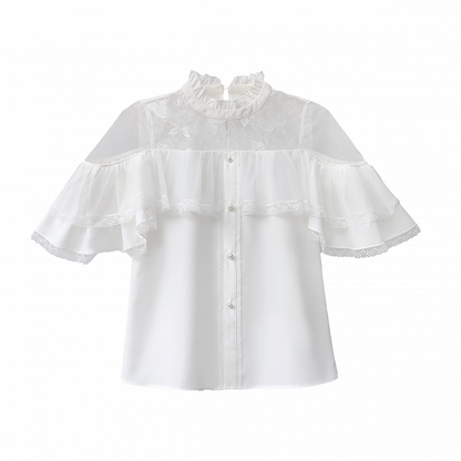 Innocent White Clean Cape Design Top Aesthetic Illusion Neckline and Trim Lace with