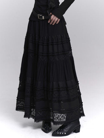 Lace Elastic Waist with Black Lining Patchwork Skirt Gothic Maxi