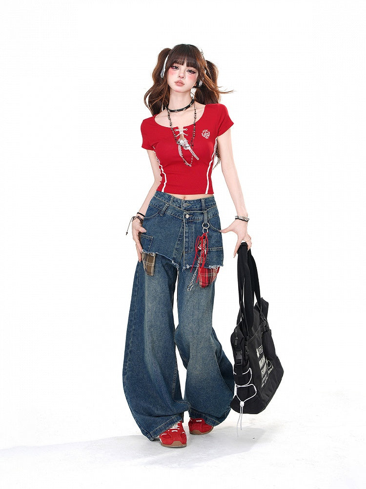 Red/Black Round Neck Glamorous T-shirt with Lace-up Detail at Front