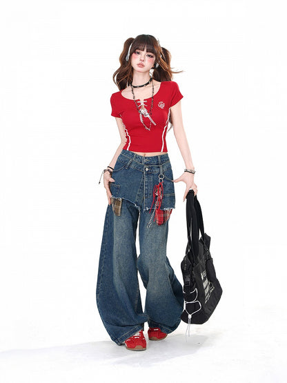 Red/Black Round Neck Glamorous T-shirt with Lace-up Detail at Front