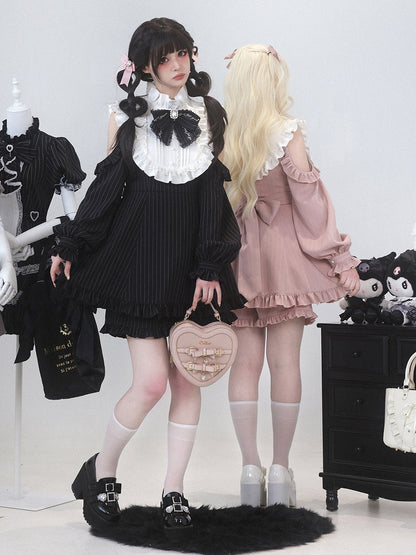 Jirai Dress Sleeve Shorts Convertible with Kei Set: 3-Way Pink Striped