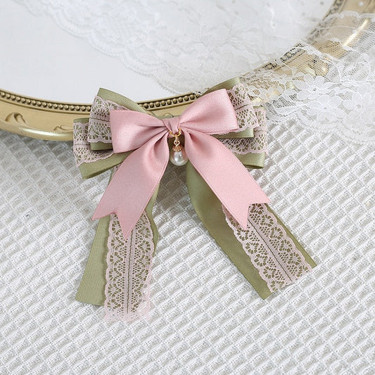 Cute Bowknot Pink And Bead Charm Hairclip Green Lolita With Lace