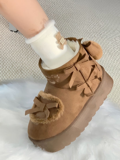 with Sweet Winter Accents - Applique Bow Boots Brown Heart Pompom Lolita Back