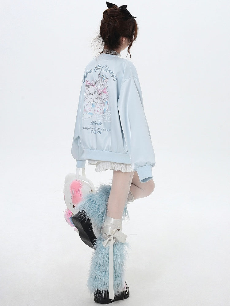 Light Blue/Pink Cats Spring Baseball Jacket