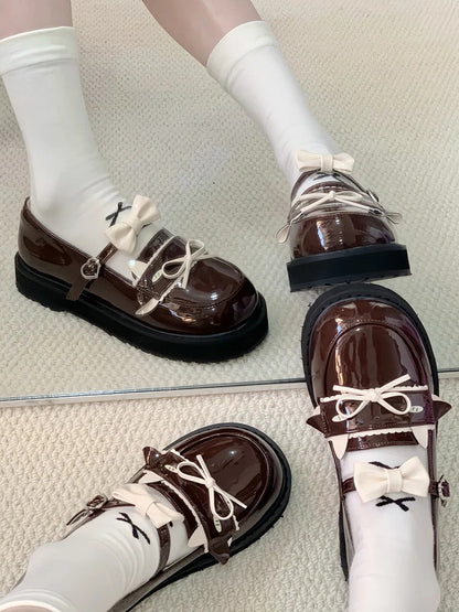 Low-heel with Brown PU Lamb Heart Dazed Buckle and Bow Details Shoes JK Cute