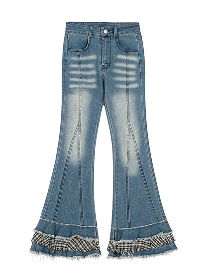 Blaue Fischschwanzjeans mit Patchwork-Bündchen und Karomuster