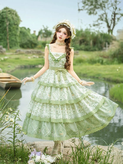 Flower Basket and Bunny Print Green Natural Kei Lolita Tiered JSK Dress - With PUJI