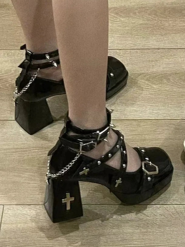 Studs Polished High-heel Cross Black Shoes And Toe Embellished Punk - Velcro Square
