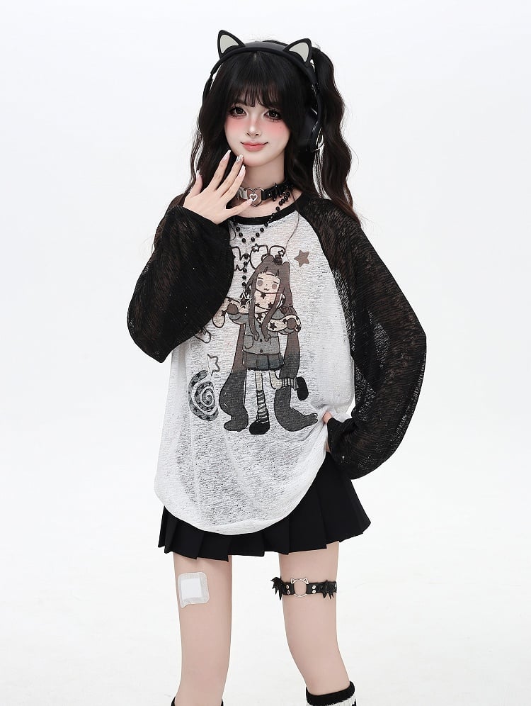 Coverup Colorblock Design Semi-sheer Cartoon Girl Print Black/Pink/Blue