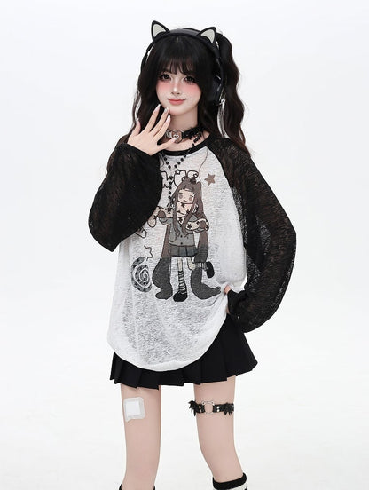 Coverup Colorblock Design Semi-sheer Cartoon Girl Print Black/Pink/Blue