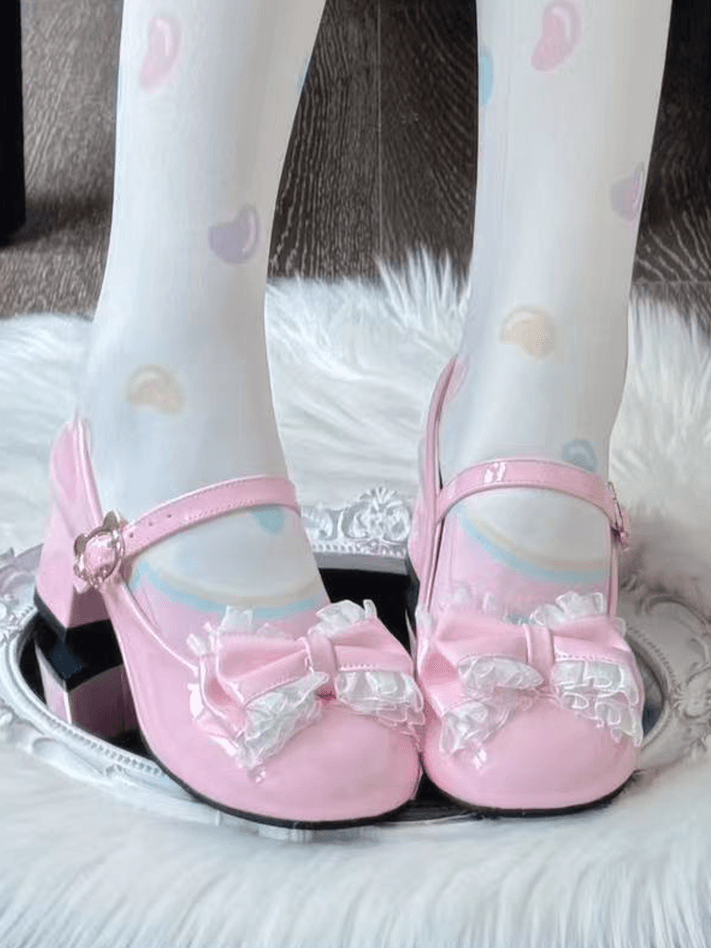 with Floral Round - Lolita Sweet Mid Heels Toe Pink Bow