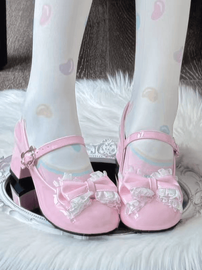 with Floral Round - Lolita Sweet Mid Heels Toe Pink Bow
