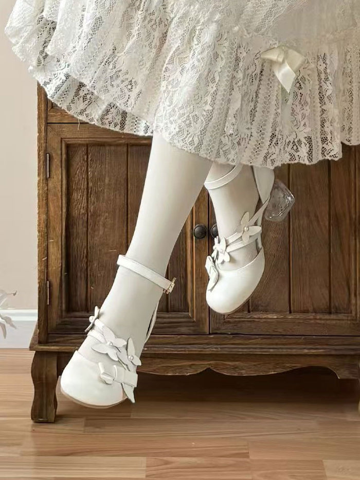 Sandals - White Leather for Decor Bow PU Lolita Elegance Mid-heel