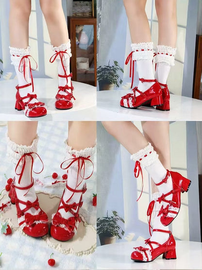 Round Toe Janes for Details Accents Lolita Mary - Mid-heel with Red Heel Cat-shaped Bow Lace