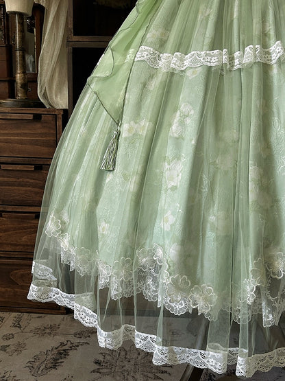 Version Long Floral + Lolita Green Top Frog Skirt with Jasmine-Embellished Buttons Corset Print