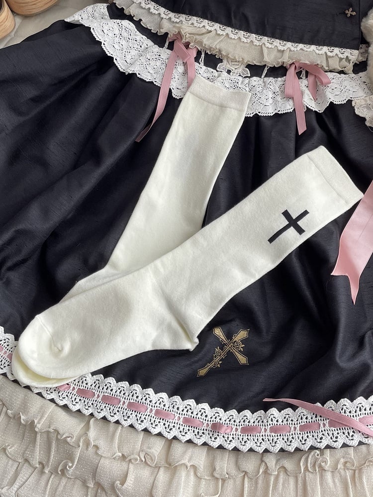 Calf Socks White/Black Print Cross Lolita