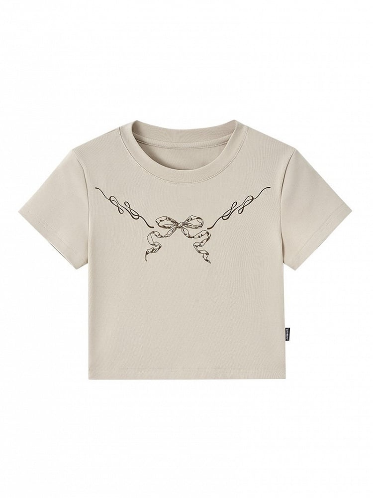 Cropped Lace with Trim Black Bow Punk Cutout Print Khaki T-Shirt Back