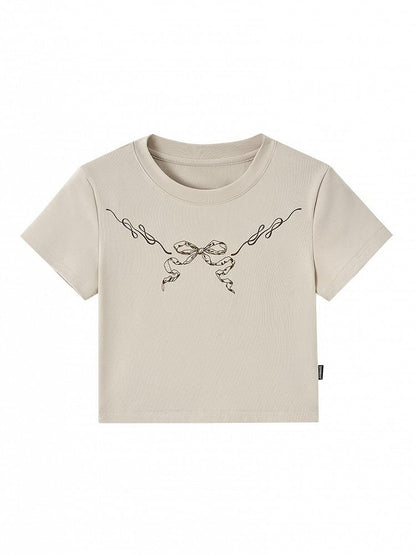 Cropped Lace with Trim Black Bow Punk Cutout Print Khaki T-Shirt Back
