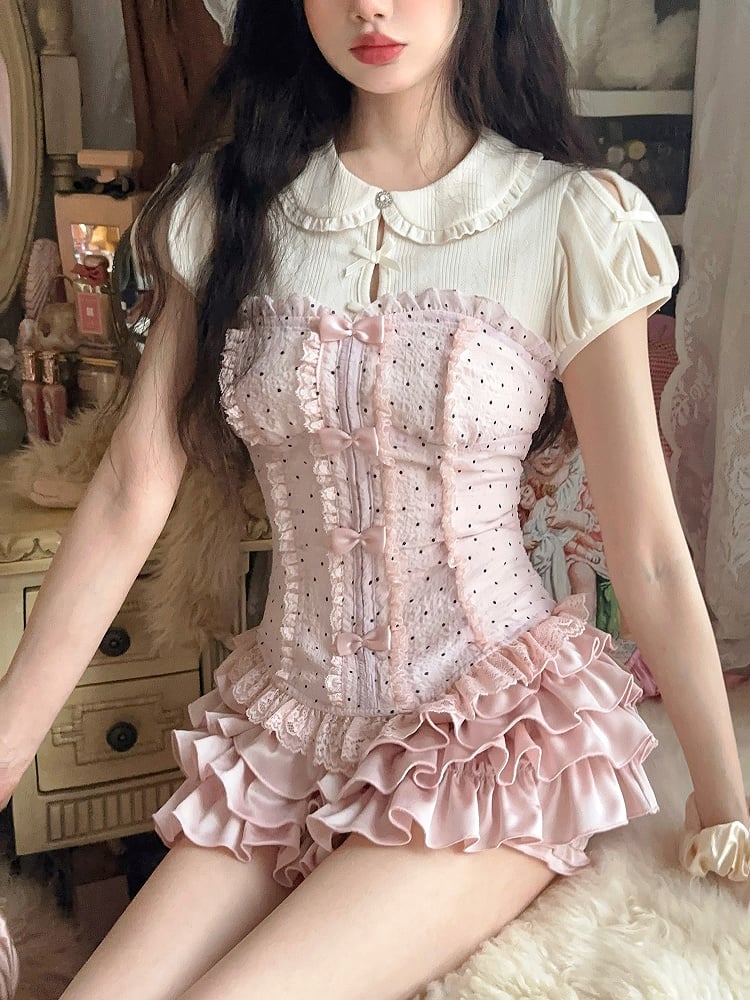 Pink Bustier Pattern With Black Polka-dot Chiffon