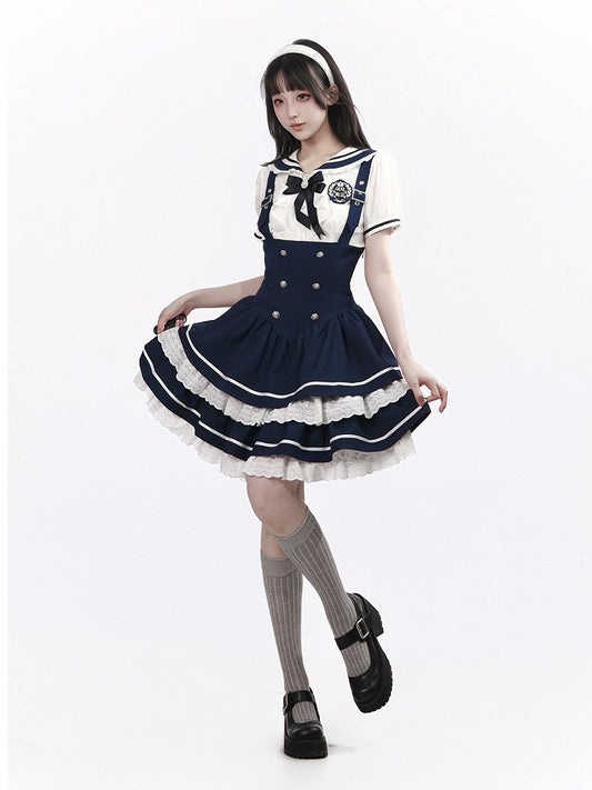Navy Tiered Ruffle Overall Skirt with Lace Details - PINK SAVIOR