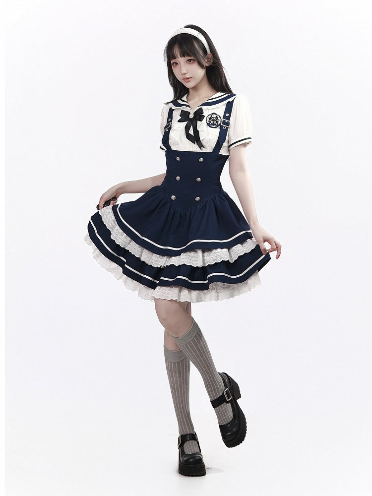 White Sailor Collar Puff Sleeve Blouse with Bow - PINK SAVIOR