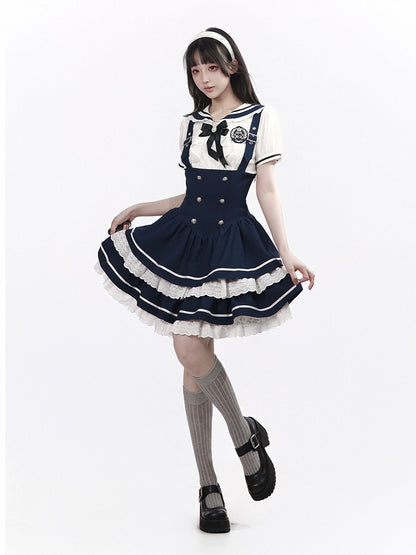 White Sailor Collar Puff Sleeve Blouse with Bow - PINK SAVIOR