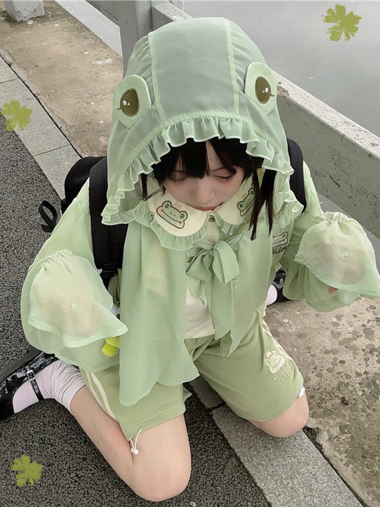 Halbtransparentes Sonnenschutz-Oberteil mit Froschhaube, hellgrüner Chiffon