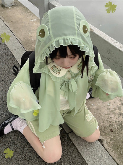 Halbtransparentes Sonnenschutz-Oberteil mit Froschhaube, hellgrüner Chiffon