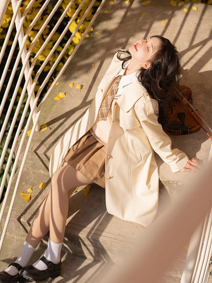 with Front Longline Beige/Khaki/Black Coat Placket Button