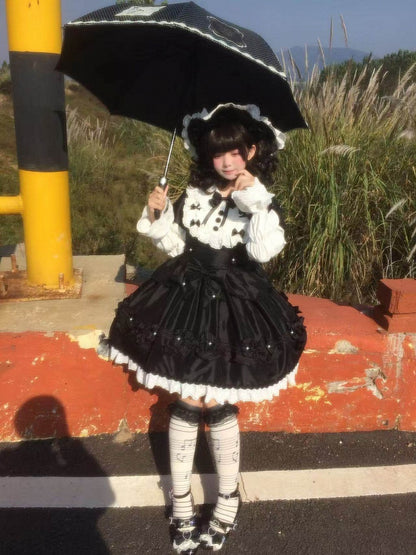 Details Dress with White Sweet Bead Trimmed Black Lolita Lace and Bow