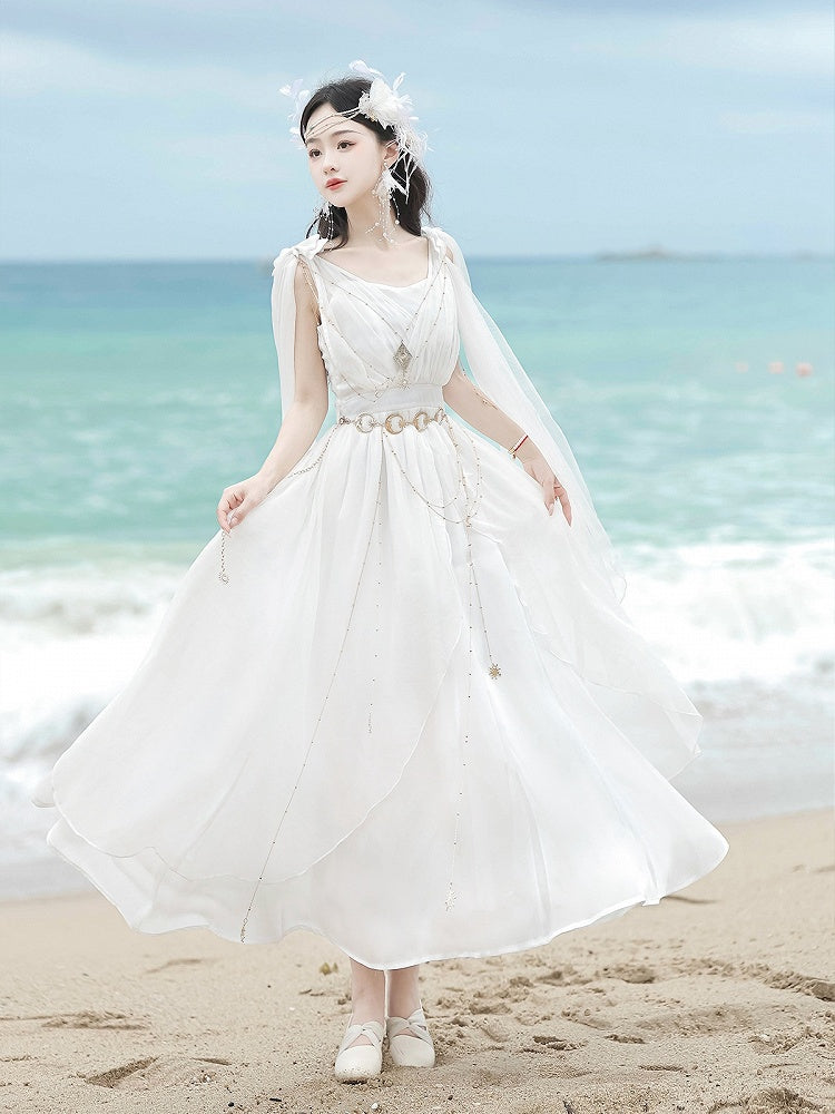 White Greek-inspired Lolita Flowing Bow Shoulders Maxi Dress with Gold Chains - Xiong Dou Jiang