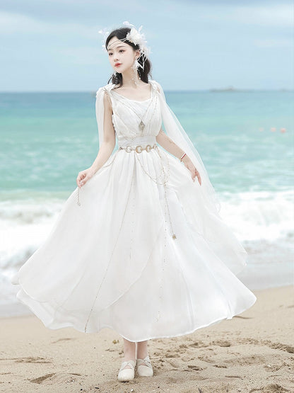 White Greek-inspired Lolita Flowing Bow Shoulders Maxi Dress with Gold Chains - Xiong Dou Jiang