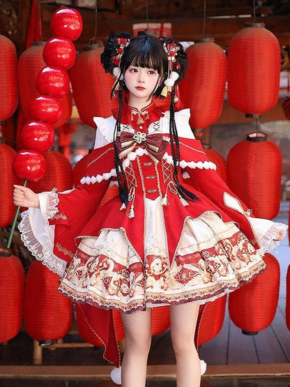 with Gold and Red Details Sleeves Dress Embroidery Tassel Chinoiserie Lolita Bell Beige