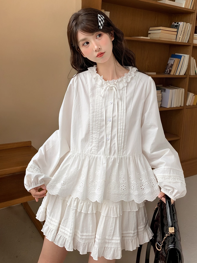 Self-tie Ruffle Neckline White Pleating Hem Blouse Details Lace