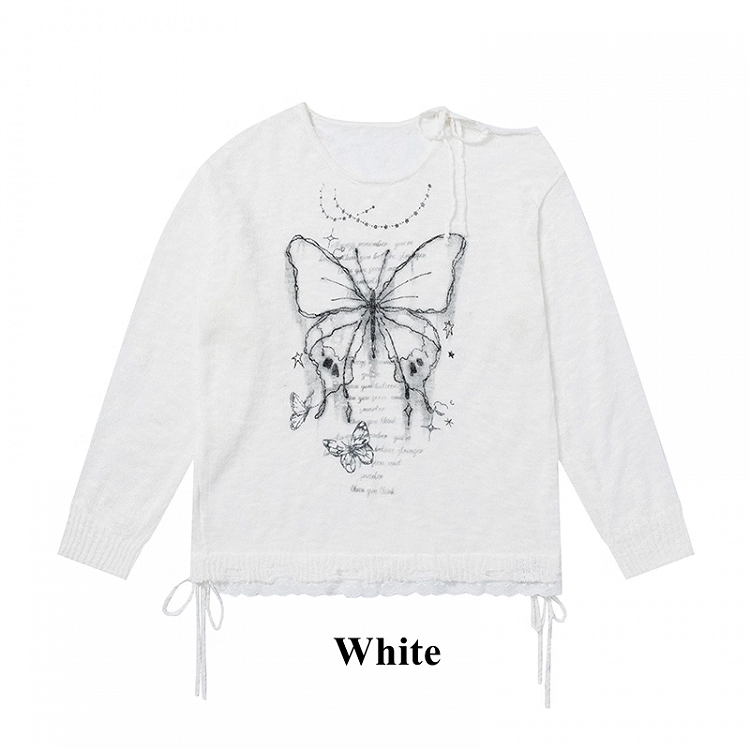 Coverup Semi-sheer Butterfly Print Cutout Shoulder White/Black/Apricot