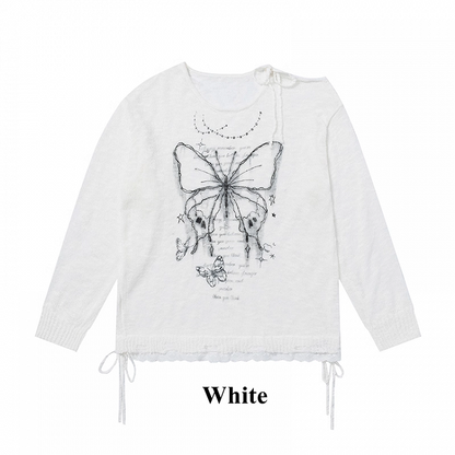 Coverup Semi-sheer Butterfly Print Cutout Shoulder White/Black/Apricot