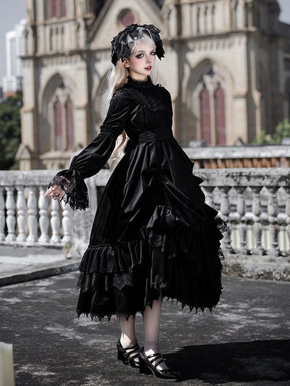 Gothic Hem with Lolita Black Versatile Velvet Drawstring Ruffled Dress