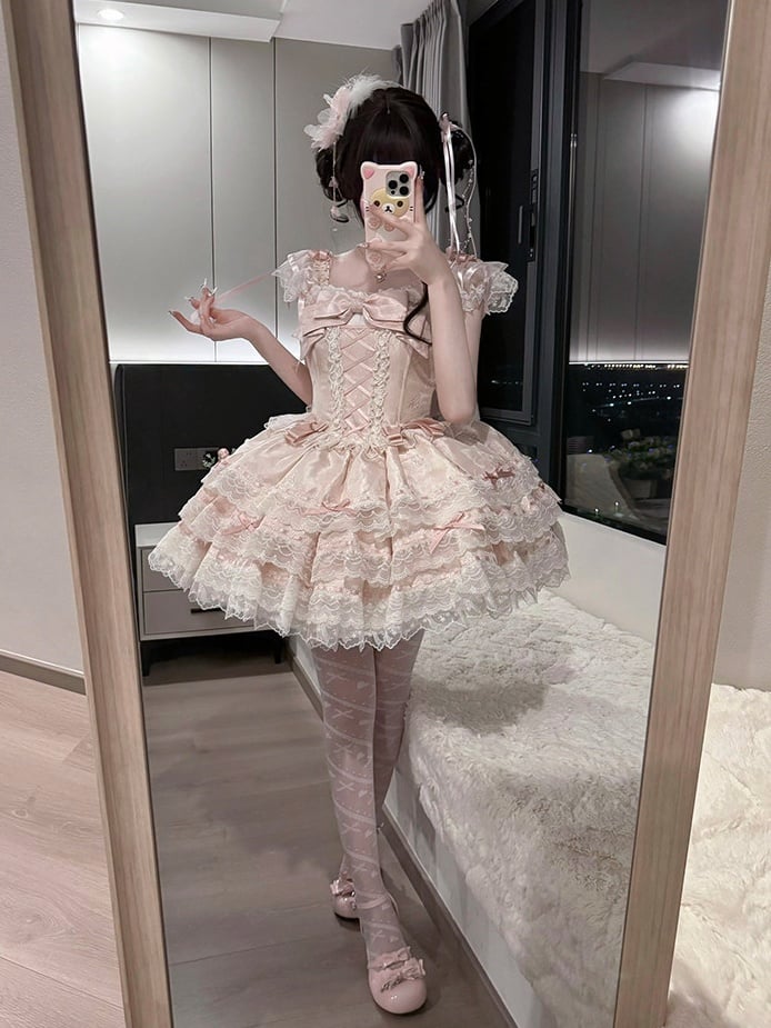 Details Dress Lace Jacquard with Lolita Pink Bow Princess Multi-Layered