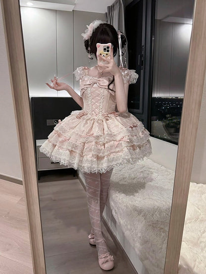 Details Dress Lace Jacquard with Lolita Pink Bow Princess Multi-Layered