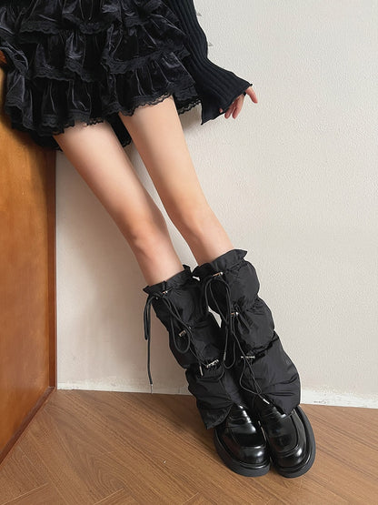 Leg with Puffer Straps Punk Drawstring Warmers White/Gray/Black
