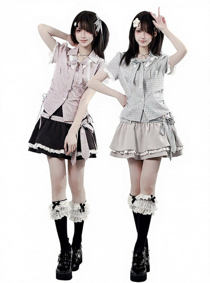 Pink Plaid Turn-down Collar Short Sleeve Shirt with Drawstring Waist & Lace - PINK SAVIOR