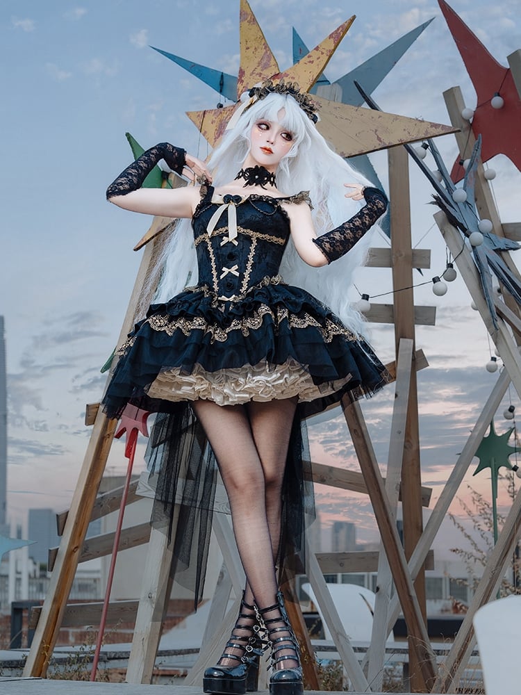 Fabric with Black Jacquard Boned Big Dress Train Balletcore Basque Bow Hime Lolita Waist