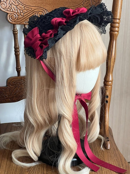 Satin and Lace with Bonnet Gothic Bows Lolita Trim Black