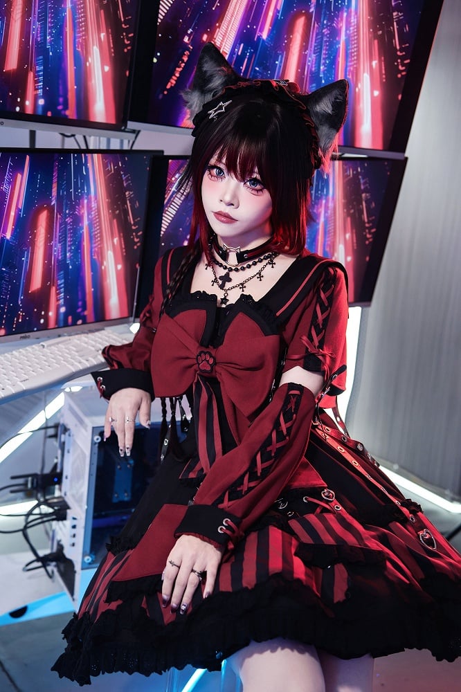 JSK Collar and Ears Red Dress Gothic Sailor Striped Pattern Big + Kitty Bow Top Lolita Black Cropped