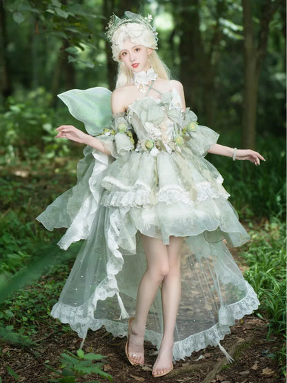 Set Decorated Princess Fairy Dress Flowers Lolita Butterfly JSK Light Full Green Forest