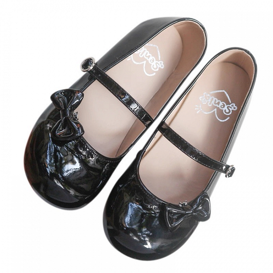 Accents Scalloped Hem PU Flats Sweet Black Leather Bow