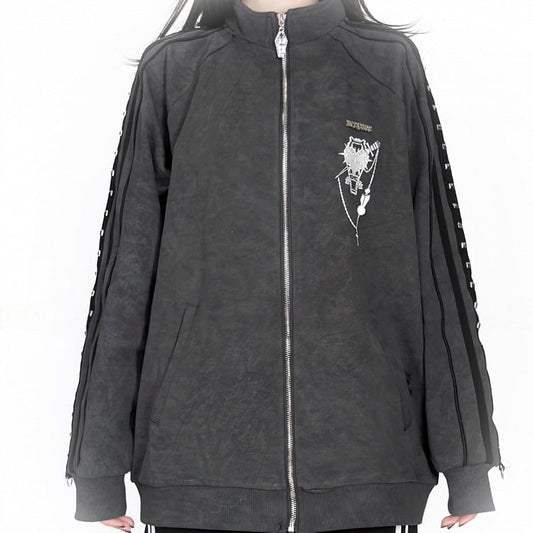 Stud with Printed Long-Sleeve Casual Gray Jacket Jirai Decorations Kei