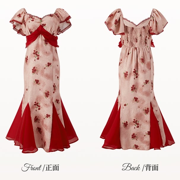 裾スカート プラスサイズ メッシュ レッド ロゼットプリント ドレス パッチワーク マーメイド