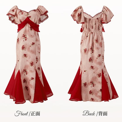 裾スカート プラスサイズ メッシュ レッド ロゼットプリント ドレス パッチワーク マーメイド